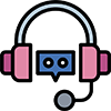 Icon of a chatbot with headphones, symbolizing customer support or online assistance.