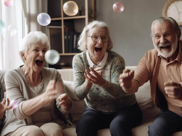 happy laughing senior friends sofa playing games final expense lead