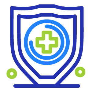 Icon of a blue shield with a green plus sign in the center, symbolizing healthcare protection or antivirus.