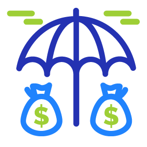 Illustration of an umbrella sheltering two money bags with dollar signs.