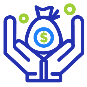 Icon of hands holding a money bag with a dollar sign, stylized with coins above, in blue and yellow.