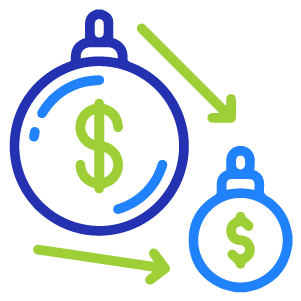 Icon of two descending circular tags with dollar signs, indicating cost reduction or discounts.