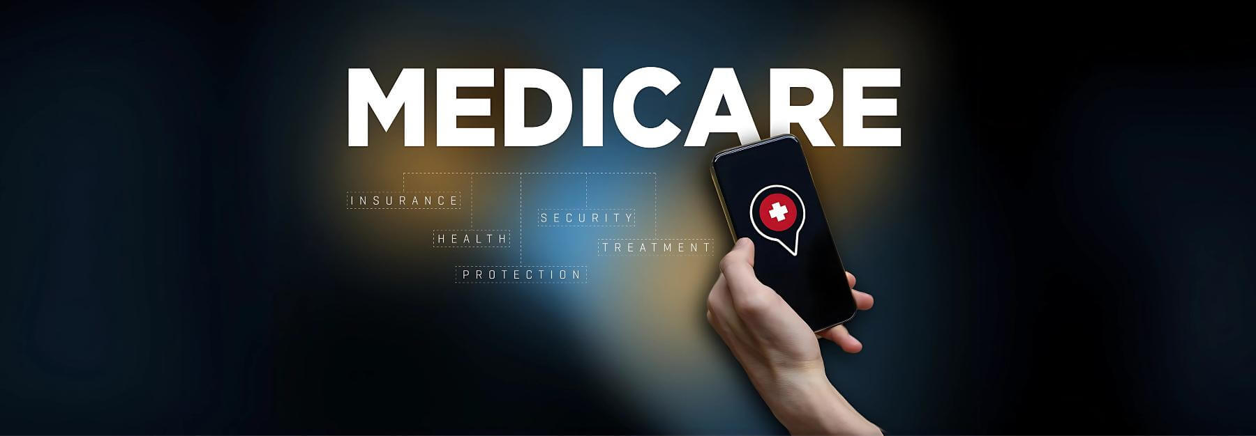 Hand holding a smartphone with a medical cross icon, adjacent to the word "MEDICARE," highlighting related keywords and updates on medicare advantage news.